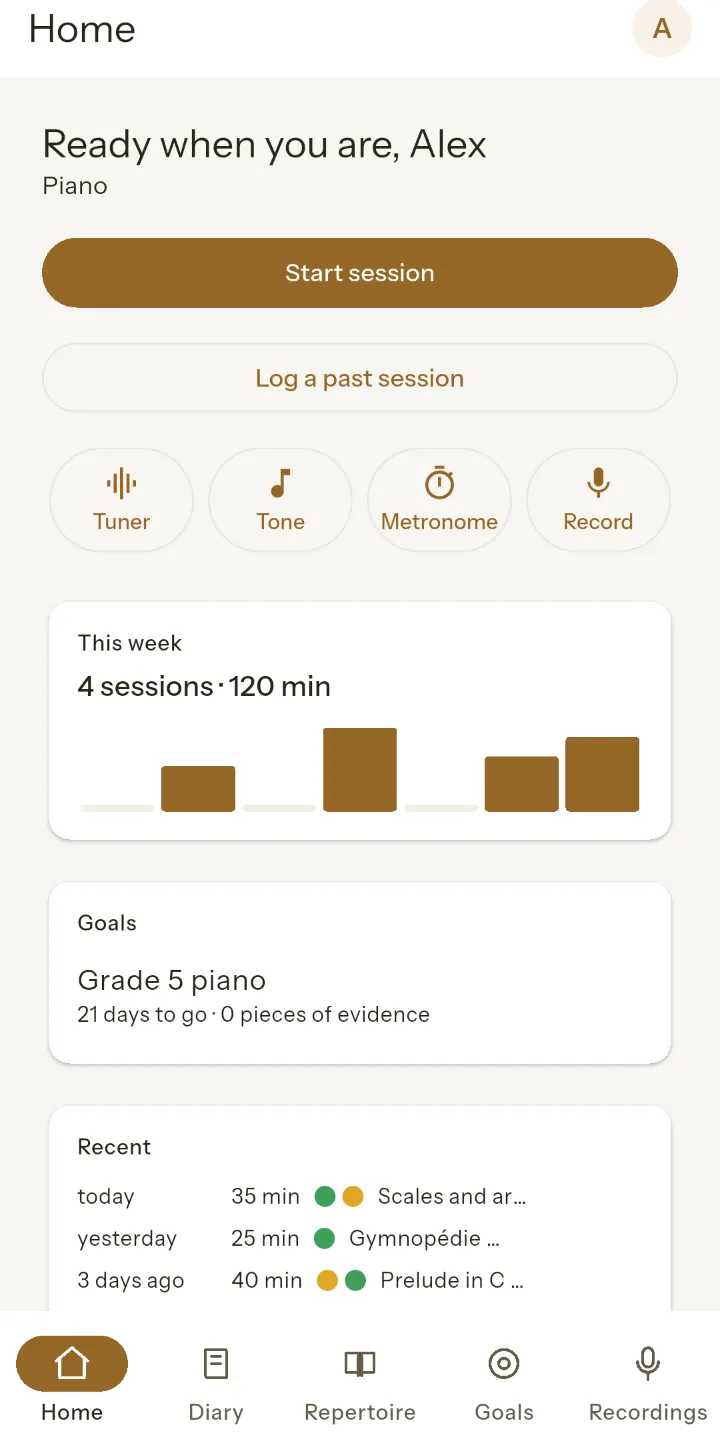 Riprova's home screen on a phone: a Start session button, tuner, tone, metronome and record shortcuts, this week's sessions, a goal with its date, and the latest diary entries.