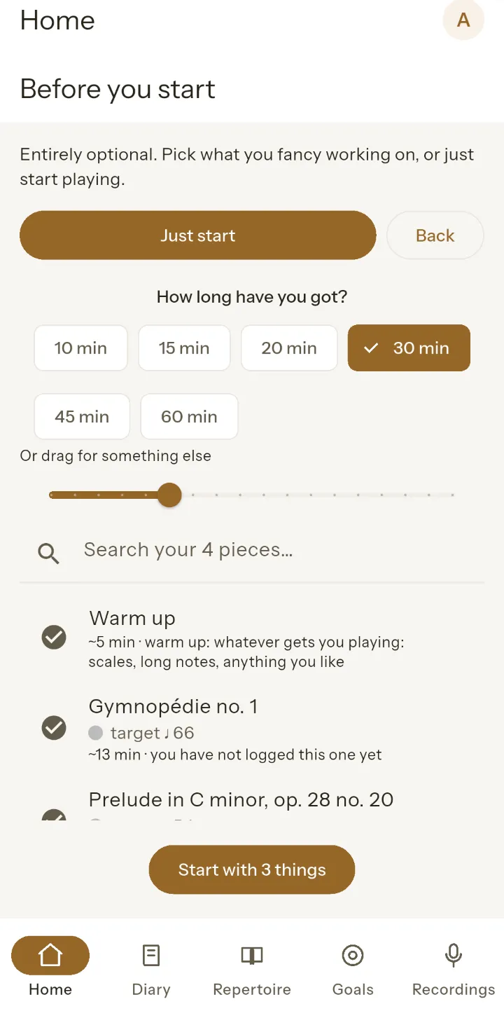 The planner on a phone: How long have you got, with 30 minutes chosen, and a suggested plan that starts with a warm-up.