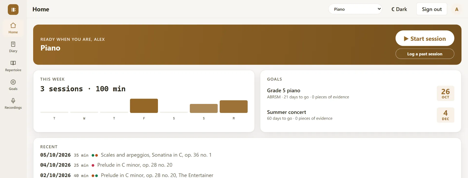 Riprova in a browser: a Start session button, this week's sessions, a goal, recent practice with colour dots, and the tool shortcuts.
