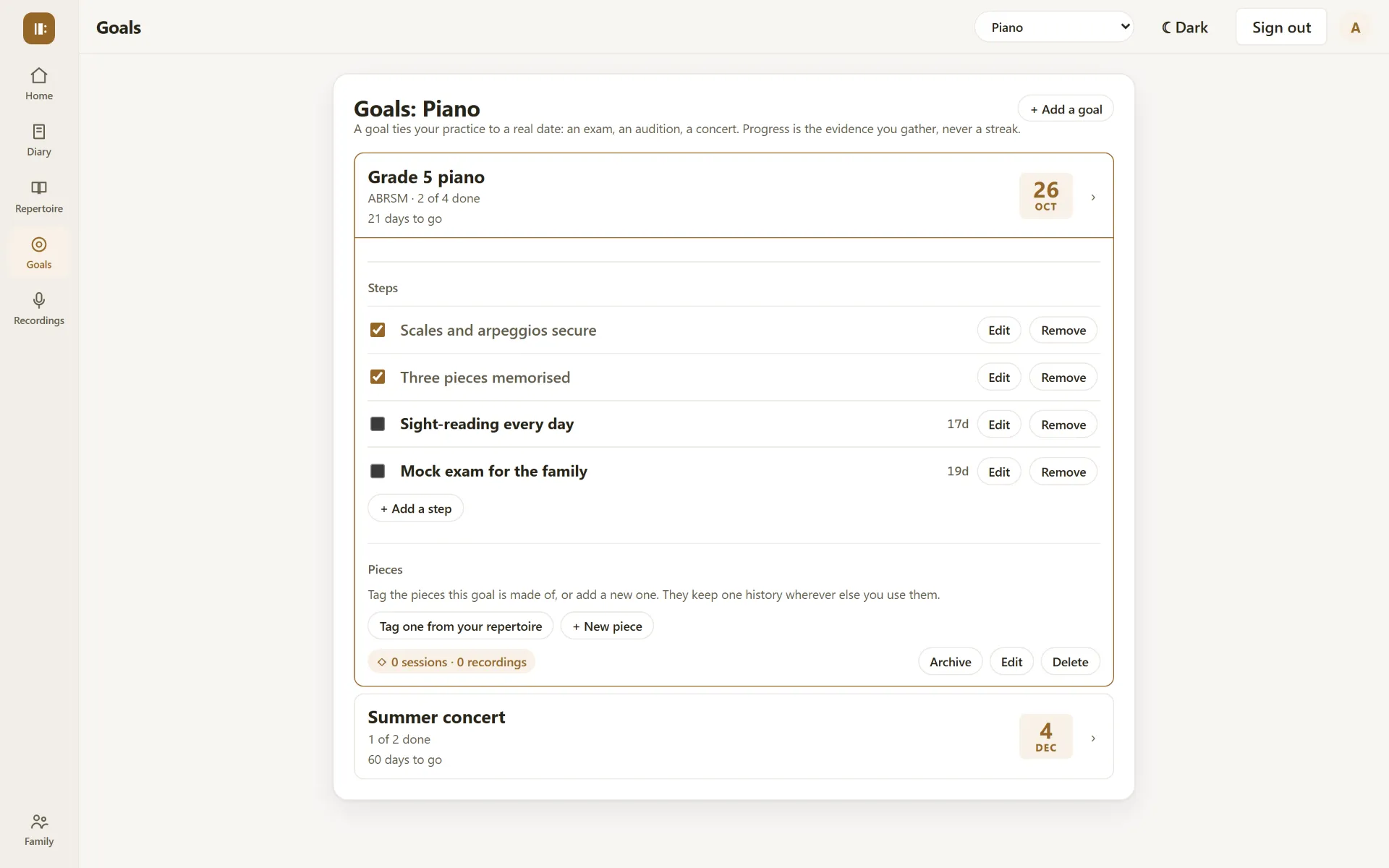 The goals screen in a browser: Grade 5 piano with the ABRSM board and its date, 2 of 4 steps done, four steps each with a tick box and some with a date, and a Summer concert goal below it.