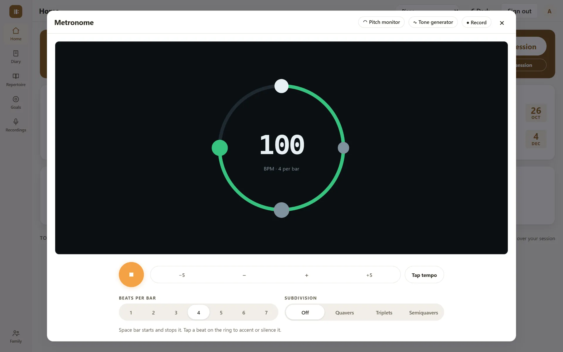 The metronome in a browser, running at 100 beats per minute in four, a ring of beats with the first accented and the current beat lit.