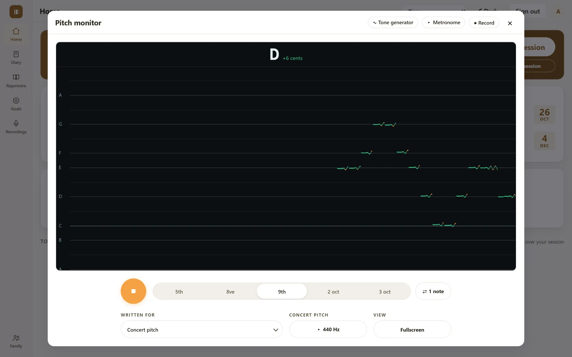 The pitch monitor in a browser, reading a played A, 8 cents sharp, with the note drawn as a line across a staff of note names.
